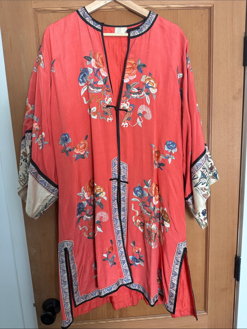 Vintage Qing Dynasty Silk Coral Floral Embroidered Robe By Vintage